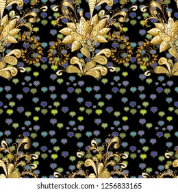 Damask seamless repeating pattern. Golden element on brown and black colors. Antique golden repeatable wallpaper. Gold floral ornament in baroque style.
