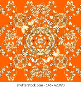 Damask seamless repeating pattern. Golden element on orange and brown colors. Antique golden repeatable wallpaper. Gold floral ornament in baroque style.