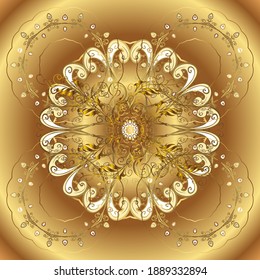 Damask seamless repeating pattern. Golden element on beige and brown colors. Antique golden repeatable wallpaper. Gold floral ornament in baroque style.