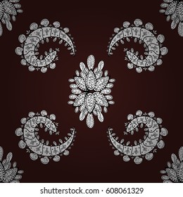 Damask seamless repeating pattern. White floral ornament in baroque style. Antique whiteen repeatable wallpaper. White element on brown background.