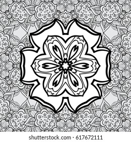 Damask seamless repeating pattern. White element on gray background. White floral ornament in baroque style. Antique whiteen repeatable wallpaper.