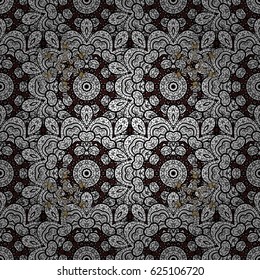 Damask seamless repeating pattern. White floral ornament in baroque style. Antique whiteen repeatable wallpaper. White element on brown background.
