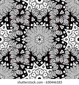 Damask seamless repeating pattern. White floral ornament in baroque style. Antique whiteen repeatable wallpaper. White element on brown background.