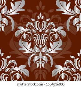 Damask seamless silver floral pattern on a dark red background, seamless  wallpaper.Vector illustration.