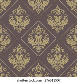 Damask seamless texture. Fine vector traditional background with oriental elements. Brown and golden colors