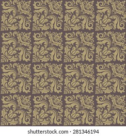 Damask seamless texture. Fine vector traditional background with oriental elements. Brown and golden pattern