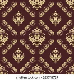 Damask seamless texture. Fine vector traditional background with oriental elements. Brown and golden pattern