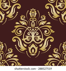 Damask seamless texture. Fine vector traditional background with golden oriental elements