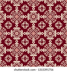 Damask seamless tiled motif vector pattern. Red damask luxury Medallion fabric design.