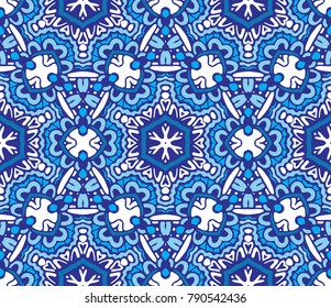 Damask seamless tiles vector design. geometric mosaic tiled star snowflake pattern blue and white