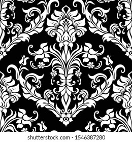 Damas, arrière-plan vectoriel harmonieux. motif de style baroque. Élément floral noir et blanc. Motif graphique orné pour fond d'écran, tissu, emballage, emballage. L'ornement de fleur de Damas.