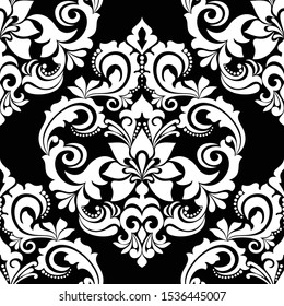 Damask seamless vector background. Wallpaper in the baroque style template. Black and white floral element. Graphic ornate pattern for wallpaper, fabric, packaging, wrapping. Damask flower ornament.
