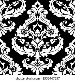 Damask seamless vector background. Wallpaper in the baroque style template. Black and white floral element. Graphic ornate pattern for wallpaper, fabric, packaging, wrapping. Damask flower ornament.