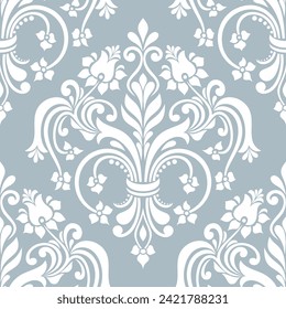 Fondo del vector sin costuras de Damask. Papel de escritorio en la plantilla de estilo barroco. Elementos florales azules y blancos. Patrón gráfico ornamentado para papel pintado, tela, embalaje, envoltura. Ornamento floral de Damasco.