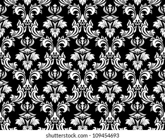 Damask Seamless Vector Pattern in Black and White colors.  Elegant Design in Royal  Baroque Style Background Texture. Floral and Swirl Element.  Ideal for Textile Print and Wallpapers.
