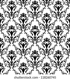 Damask Seamless Vector Pattern in Black and White colors.  Elegant Design in Royal  Baroque Style Background Texture. Floral and Swirl Element.  Ideal for Textile Print and Wallpapers.