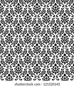 Damask Seamless Vector Pattern in Black and White colors.  Elegant Design in Royal  Baroque Style Background Texture. Floral and Swirl Element.  Ideal for Textile Print and Wallpapers.