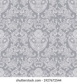 Damask seamless vector pattern. Classic vintage damask ornament, royal victorian geometric seamless pattern for wallpaper, textile, packaging. Floral baroque pattern, white and gray background 