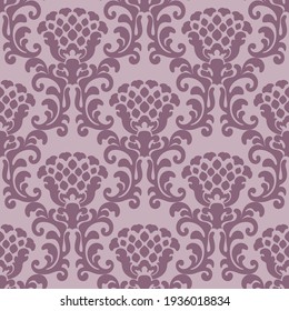 Damask seamless vector pattern. Classic vintage damask ornament, royal victorian geometric seamless pattern for wallpaper, textile, packaging. Floral purple pattern in art deco style, pink background