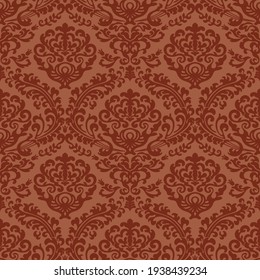 Damask Seamless Vector Pattern. Classic Vintage Damask Ornament, Royal Victorian Geometric Seamless Pattern For Wallpaper, Textile, Packaging. Floral Baroque Pattern, Red Background 