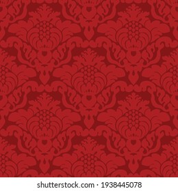 Damask Seamless Vector Pattern. Classic Vintage Damask Ornament, Royal Victorian Geometric Seamless Pattern For Wallpaper, Textile, Packaging. Floral Baroque Pattern, Red Background 