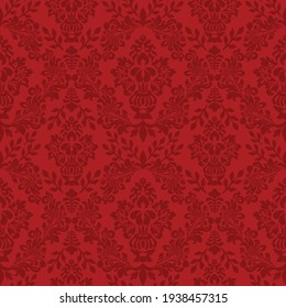 Damask Seamless Vector Pattern. Classic Vintage Damask Ornament, Royal Victorian Geometric Seamless Pattern For Wallpaper, Textile, Packaging. Floral Baroque Pattern, Red Background 