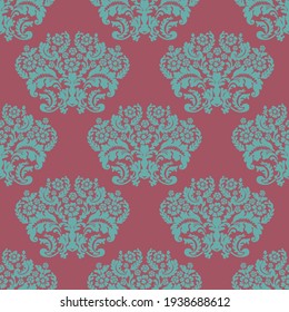 Damask seamless vector pattern. Classic vintage damask ornament, royal victorian geometric seamless pattern for wallpaper, textile, packaging. Floral baroque pattern, pink and blue background 