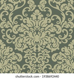 Damask seamless vector pattern. Classic vintage damask ornament, royal victorian geometric seamless pattern for wallpaper, textile, packaging. Floral baroque pattern, green background 