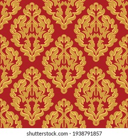 Damask Seamless Vector Pattern. Classic Vintage Damask Ornament, Royal Victorian Geometric Seamless Pattern For Wallpaper, Textile, Packaging. Floral Baroque Pattern, Red And Yellow Background 