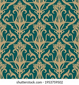 Damask seamless vector pattern. Classic vintage damask ornament, royal victorian geometric seamless pattern for wallpaper, textile, packaging. Floral baroque pattern, green-blue background 