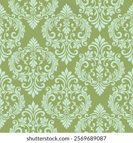 Damask seamless vector pattern. Classic old fashioned damask ornament, royal Victorian seamless texture for wallpaper, textile, packaging. Baroque floral pattern light green.