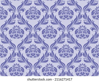 Damask Seamless Vector Pattern.  Elegant Design in Royal  Baroque Style Background Texture in Very Peri color. Floral and Swirl Element.  Ideal for Textile Print and Wallpapers.
