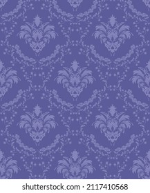 Damask Seamless Vector Pattern.  Elegant Design in Royal  Baroque Style Background Texture in Very Peri color. Floral and Swirl Element.  Ideal for Textile Print and Wallpapers.