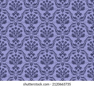 Damask Seamless Vector Pattern.  Elegant Design in Royal  Baroque Style Background Texture in Very Peri color. Floral and Swirl Element.  Ideal for Textile Print and Wallpapers.