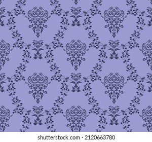 Damask Seamless Vector Pattern.  Elegant Design in Royal  Baroque Style Background Texture in Very Peri color. Floral and Swirl Element.  Ideal for Textile Print and Wallpapers.
