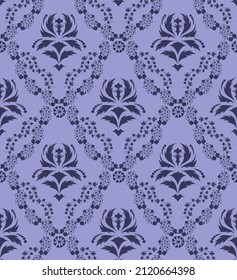 Damask Seamless Vector Pattern.  Elegant Design in Royal  Baroque Style Background Texture in Very Peri color. Floral and Swirl Element.  Ideal for Textile Print and Wallpapers.