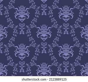 Damask Seamless Vector Pattern.  Elegant Design in Royal  Baroque Style Background Texture in Very Peri color. Floral and Swirl Element.  Ideal for Textile Print and Wallpapers.