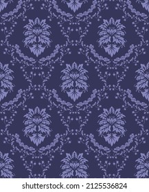 Damask Seamless Vector Pattern.  Elegant Design in Royal  Baroque Style Background Texture in Very Peri color. Floral and Swirl Element.  Ideal for Textile Print and Wallpapers.