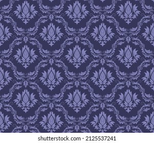 Damask Seamless Vector Pattern.  Elegant Design in Royal  Baroque Style Background Texture in Very Peri color. Floral and Swirl Element.  Ideal for Textile Print and Wallpapers.