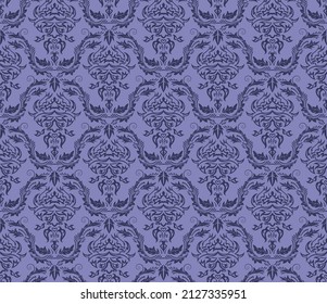 Damask Seamless Vector Pattern.  Elegant Design in Royal  Baroque Style Background Texture in Very Peri color. Floral and Swirl Element.  Ideal for Textile Print and Wallpapers.