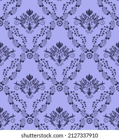 Damask Seamless Vector Pattern.  Elegant Design in Royal  Baroque Style Background Texture in Very Peri color. Floral and Swirl Element.  Ideal for Textile Print and Wallpapers.