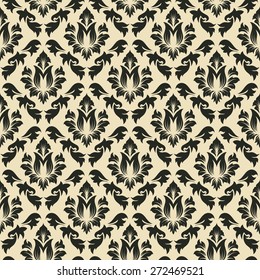 Damask Seamless Vector Pattern.  Elegant Design in Baroque Style Background. Floral and Swirl Element. Black, Yellow Color. Ideal for Textile Print and Wallpapers.