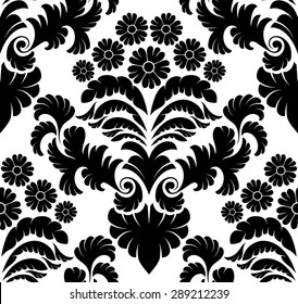 Damask Seamless Vector Pattern.  Elegant Design in Baroque Style Background. Floral and Swirl Element. Black and White Color. Ideal for Textile Print and Wallpapers.