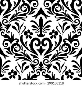 Damask Seamless Vector Pattern.  Elegant Design in Baroque Style Background. Floral and Swirl Element. Black and White Color. Ideal for Textile Print and Wallpapers.