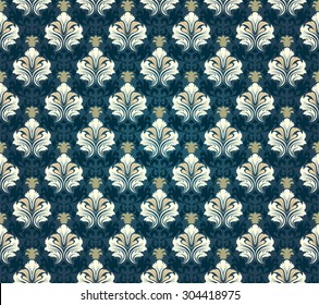 Damask Seamless Vector Pattern.  Elegant Design in Baroque Royal Style Background. Floral and Swirl Element. Blue Tone Color and Gradient.  Ideal for Textile Print and Wallpapers.