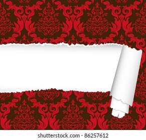 Damask seamless vector pattern with ripped copy-space for your text.  For easy making seamless pattern just drag ornate group into swatches bar, and use it for filling any contours.