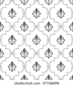 Damask seamless vector pattern. Royal wallpaper. White and gray ornament  with royal lily.