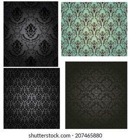 Damask Seamless Vector Pattern Set.  Elegant Design in Baroque Style Background. Floral and Swirl Element. Black, Grey, Blue-Green Gradients Color. Ideal for Textile Print and Wallpapers.