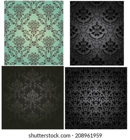 Damask Seamless Vector Pattern Set.  Elegant Design in Baroque Style Background. Floral and Swirl Element. Black, Grey, Blue-Green Gradients Color. Ideal for Textile Print and Wallpapers.