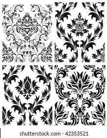 Damask Seamless Vector Pattern Set in Black and White colors.  Elegant Design in Royal  Baroque Style Background Texture. Floral and Swirl Element.  Ideal for Textile Print and Wallpapers.